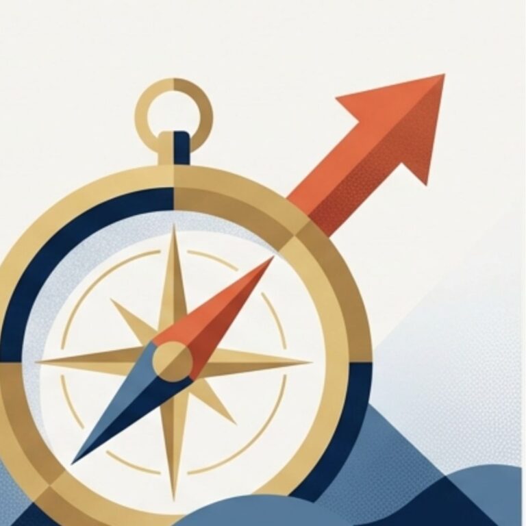 中小企業が押さえるべき5大トレンドと対応策を象徴するイメージ画像_荒れた海の航路をコンパスが行き先きを指し示す