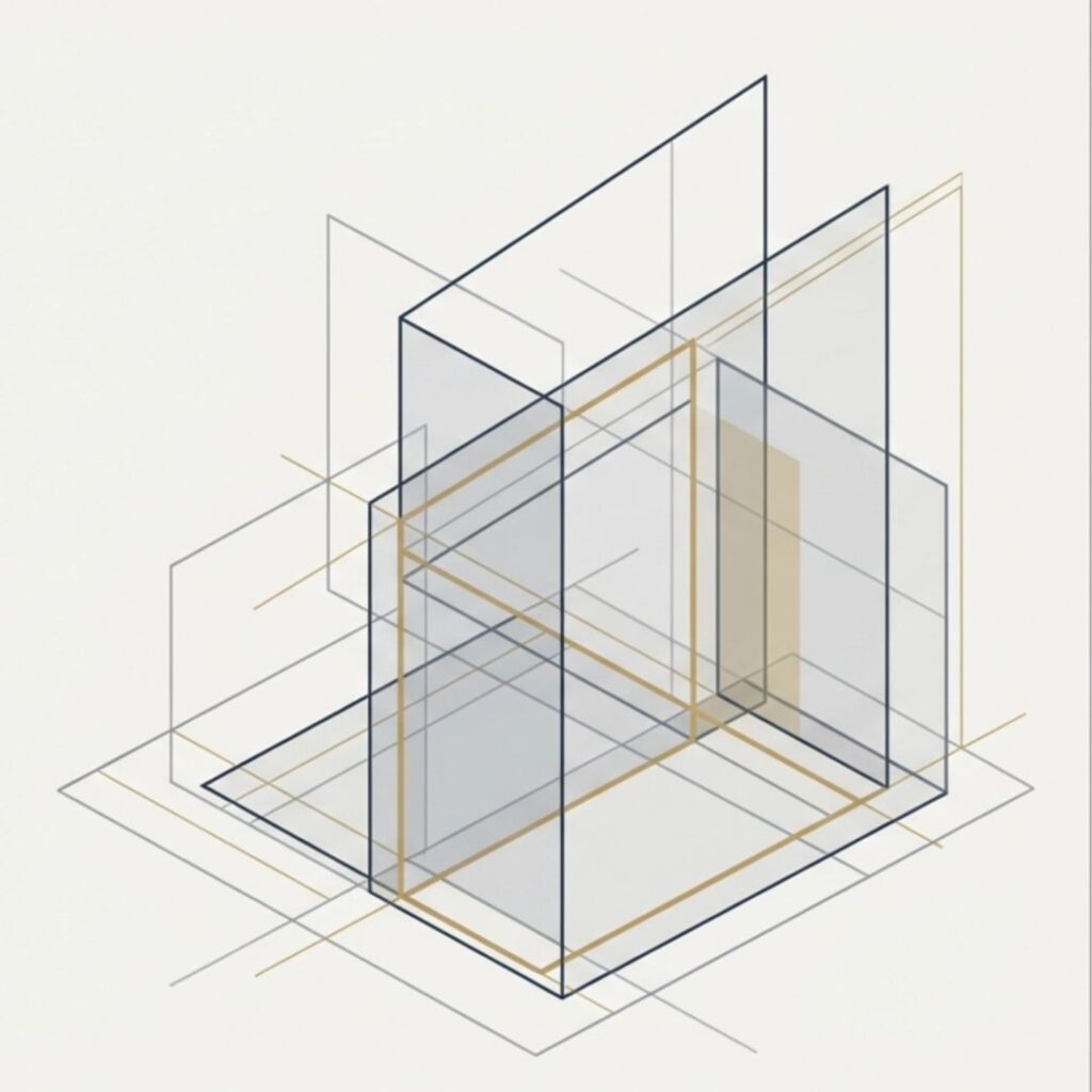 経営戦略の策定プロセスを表現した抽象的なイメージ画像。グレー、ネイビー、ゴールドの直線と半透明の面が交差・重なり合い、立体的な構造物を設計しているかのようなデザイン。