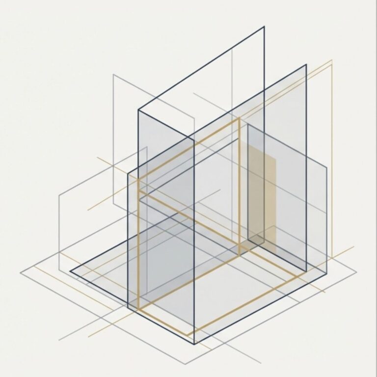 経営戦略の策定プロセスを表現した抽象的なイメージ画像。グレー、ネイビー、ゴールドの直線と半透明の面が交差・重なり合い、立体的な構造物を設計しているかのようなデザイン。