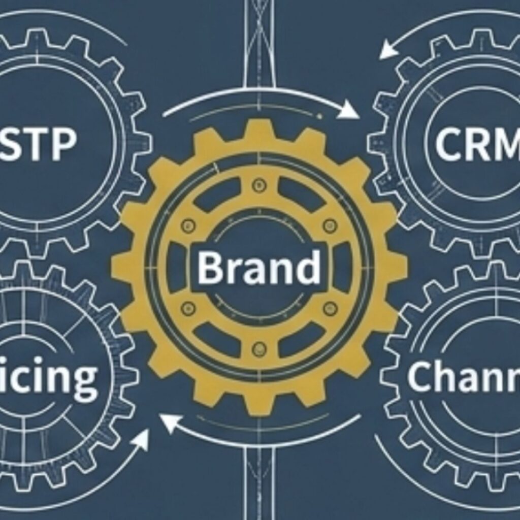 中心の「Brand（ブランド）」を囲むように、STP、CRM、Pricing（価格設定）、Channel（販路）といった各マーケティング要素が歯車として連動している様子を描いた概念図。ブランド構築が各施策の相互作用によって成されることを表現しています。