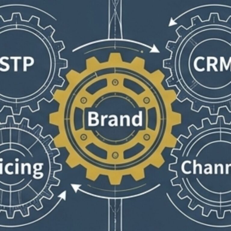 中心の「Brand（ブランド）」を囲むように、STP、CRM、Pricing（価格設定）、Channel（販路）といった各マーケティング要素が歯車として連動している様子を描いた概念図。ブランド構築が各施策の相互作用によって成されることを表現しています。